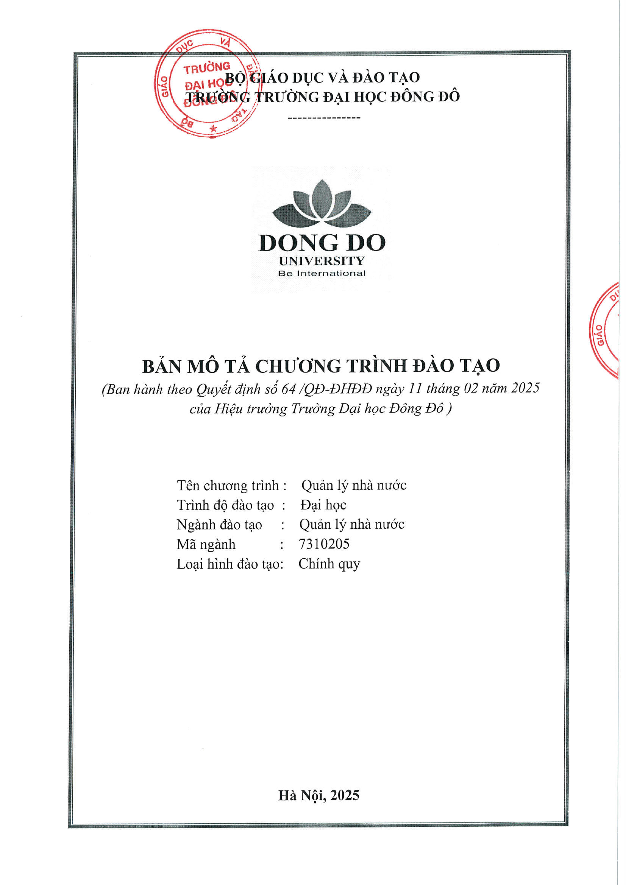 Bản mô tả chương trình đào tạo ngành Quản lý Nhà nước 